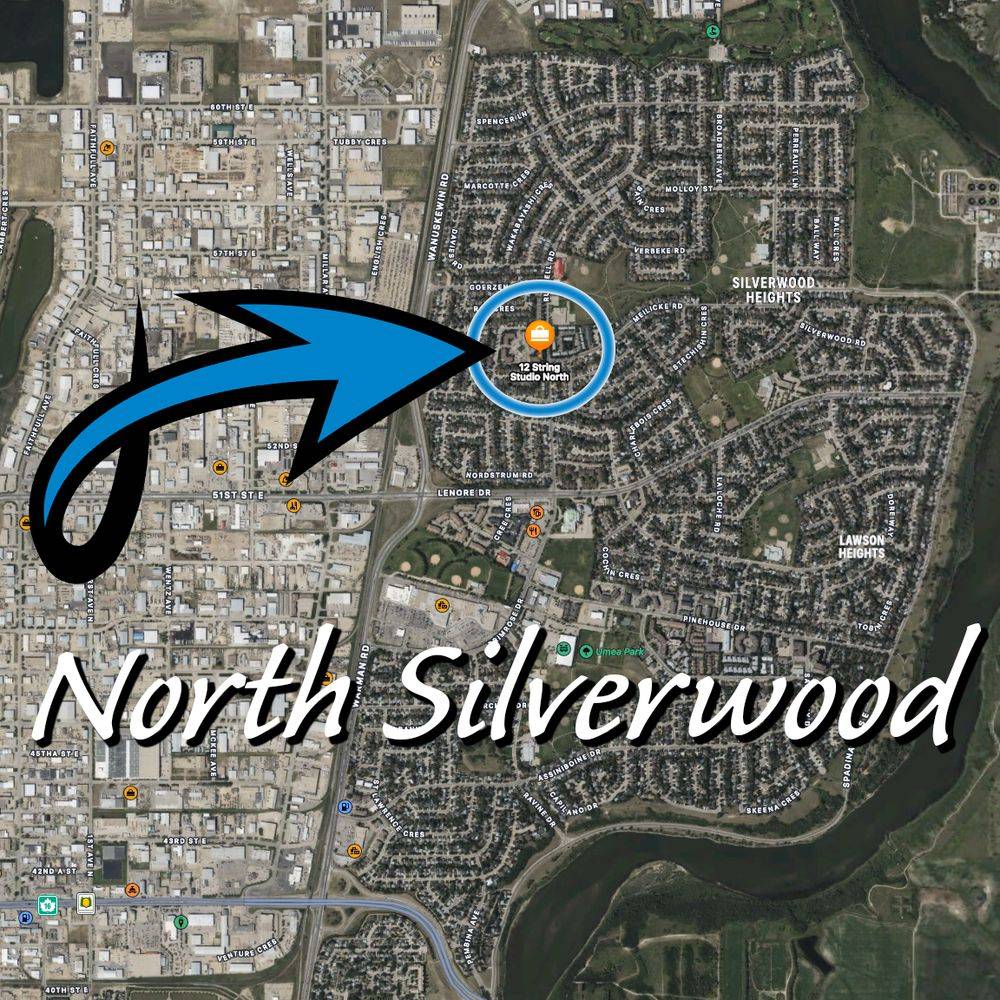 Aerial map of north Saskatoon with Studio 12 North Silverwood marked