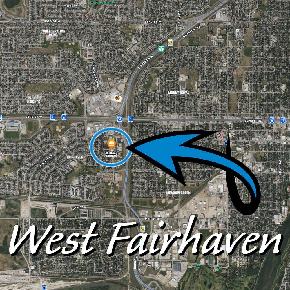 Aerial map of west Saskatoon with Studio 12 West Fairhaven marked